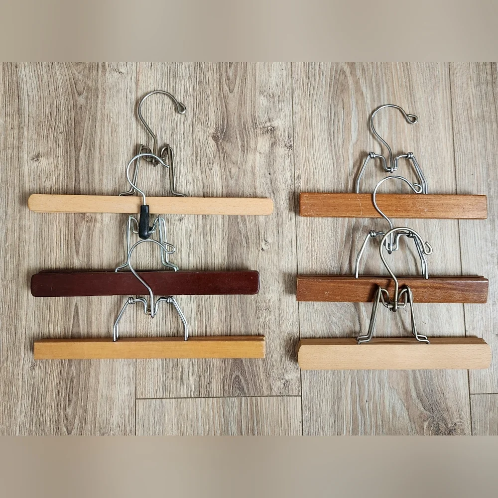 SET OF 6 WOODEN PANT HANGERS WITH METAL HOOKS